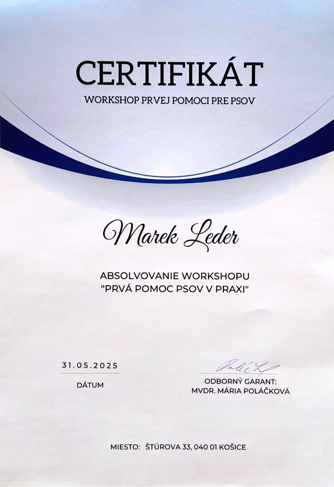 Certifikát – workshop prvej pomoci pre psov, Marek Leder