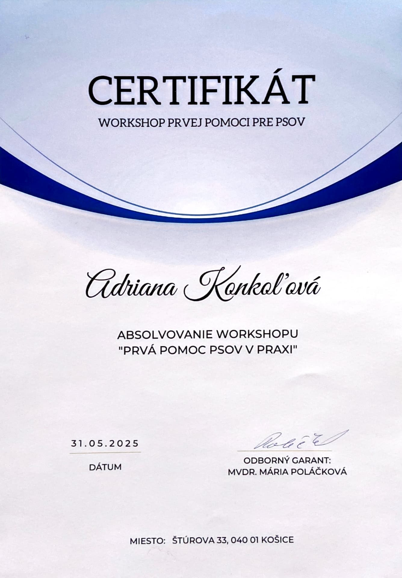 Certifikát – workshop prvej pomoci pre psov, Adriana Konkoľová